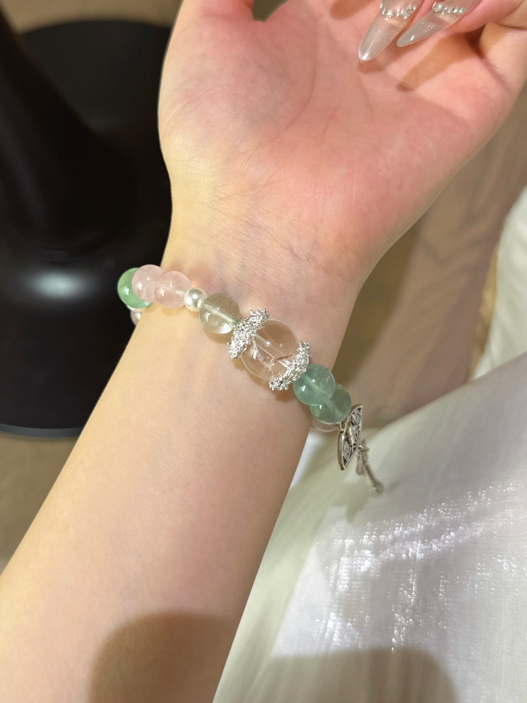 ▫️▪️ Green fluorite pink quartz white ace bracelet